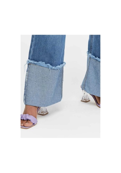 Kene Jeans Yüksek Bel Mavi İşlemli Ters Paça Püskül Detaylı Kot Jeans Mavi İşlemli