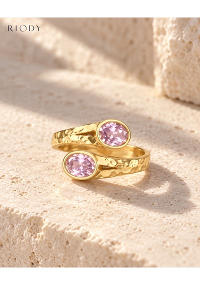 Riody Regard Rosé Gold Kaplama Pembe Kedi Gözü Taşlı Ayarlanabilir Açık Kadın Yüzük Altın Sarısı