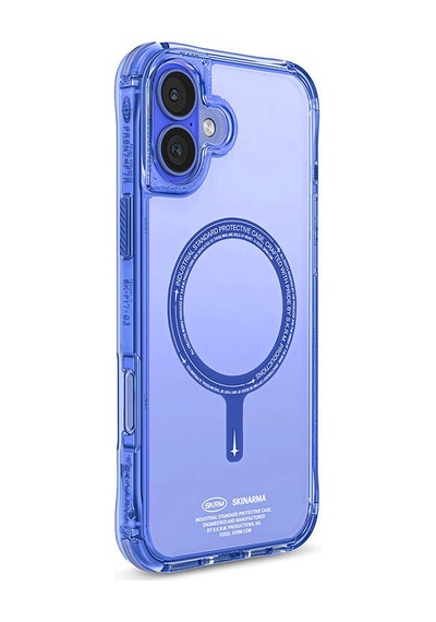Apple iPhone 16 Uyumlu Kılıf Skinarma Şeffaf Airbag Tasarımlı Magsafe Şarj Özellikli Saido Kapak Mavi