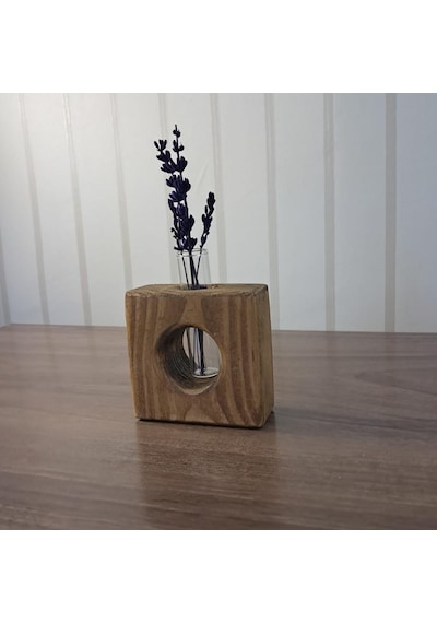 Rustik Ahşap Vazo Ve Mumluk Seti, El Yapımı Çam Ağacı, 9x9 Cm, Cam Tüp Ve Tealight Mum Dahil, Antik Meşe Ve Cevi Genel