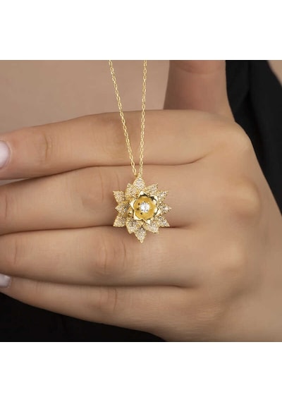 Gümüş Gold Beyaz Taşlı Lotus Çiçeği Kadın Kolye Gold