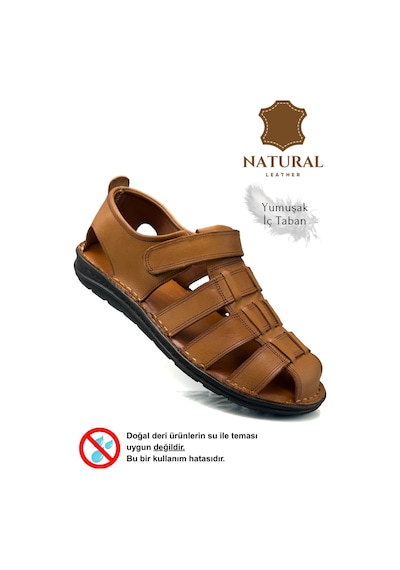 Sermoda %100 Hakiki Deri Burnu Kapalı Erkek Sandalet Taba