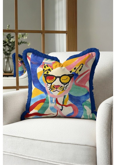 Pop Art Kedi Figürlü Renkli Saçaklı Yastık Kılıfı - Soyut Mavi Lacivert Püsküllü Kırlent Kılıfı Sessiz Kanyon Nova Pop Art Kedi Figürlü Renkli Saçaklı Yastık Kılıfı - Soyut Mavi Lacivert Püsküllü Kırlent Kılıfı Sessiz Kanyon Nova