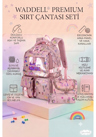 Waddell Kawaii Kore Tarzi Twil Kumas Desenli Sirt Cantasi Beslenme Cantasi Ve Kalemlikli Uclu Se Kırmızı