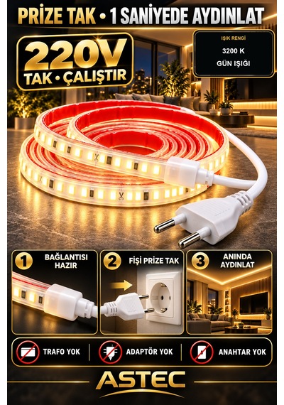 Astec Yapışkanlı 10 Metre Gün Işığı 220v Silikonlu Şerit Led Yüksek Güç Tak Çalıştır İç Dış Mekân Su Geçirmez Günişiği