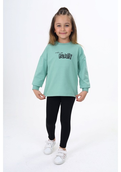 Toontoy Kids Toontoy Kız Çocuk 2'li Takım Baskılı Bisiklet Yaka Sweatshirt & Basic Düz Tayt Yeşil