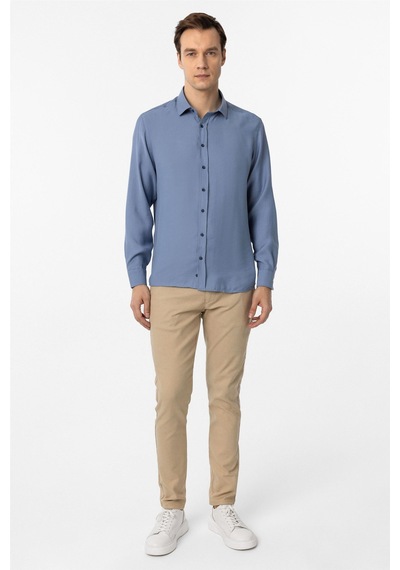 Süvari Mavi Slim Fit Düz Klasik Yaka Gömlek-34098 Mavi
