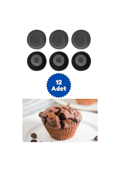 Antrasit 12'li Silikon Mini Browni Kalıbı - Muffin Kalıbı 12 Adet Cupcake Kek Kalıbı Silikon Gri Diğer
