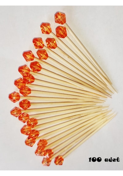 100 Adet Dekoratif Turuncu Pırlanta Boncuklu Pasta Kürdanı 6 Cm - Boncuk 7 Mm - Toothpick