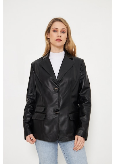 M M Marki Marki Kadın Hakiki Deri Blazer Ceket - Siyah, Düğme Kapamalı, Fit Kesim, 67 Cm - 116722