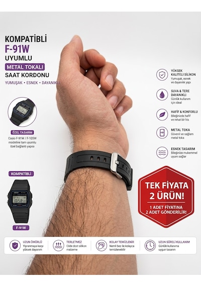 Casio F-91w F-105w Uyumlu Metal Tokalı Silikon Saat Kordonu Siyah