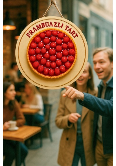 Frambuazlı Tart Temalı İpli Ahşap Kapı Duvar Süsü, Pastane, Tatlı Dükkanı, Cafe Tablo Dekoru
