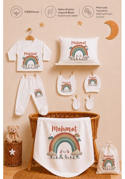 Pia Baby İsme Özel Erkek Bebek Hastane Çıkışı 12 Parça %100 Pamuk Organik Baskılı Kese Hediyeli Set 108311k0x Ekru