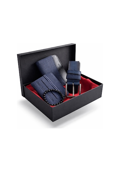 Tisaati Premium Şık Tasarım Lüks Özel Seri Dikey Ekose Desenli Cüzdan Kemer Bileklik Ve Kartlık Hediye Seti Lacivert