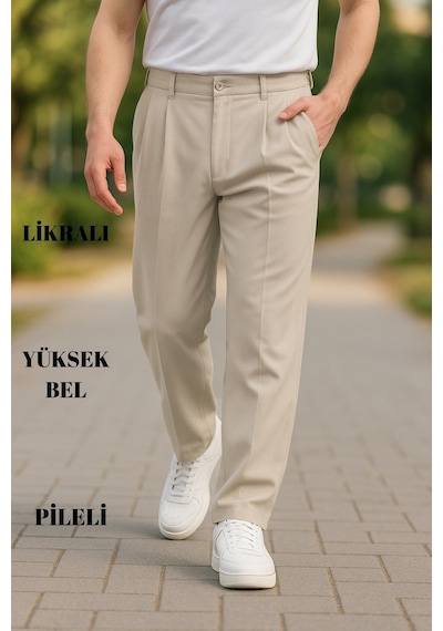 Cedy Denim Yüksek Kalite Erkek Yüksek Bel Pileli Baggy Chino Pantolon C358 Bej
