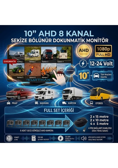 10 İnç 8 Ch Dokunmatik Ekran 8 Adet Ahd 1080p Kamera 512 Gb Dvr Adas Bsd 12 24 Volt
