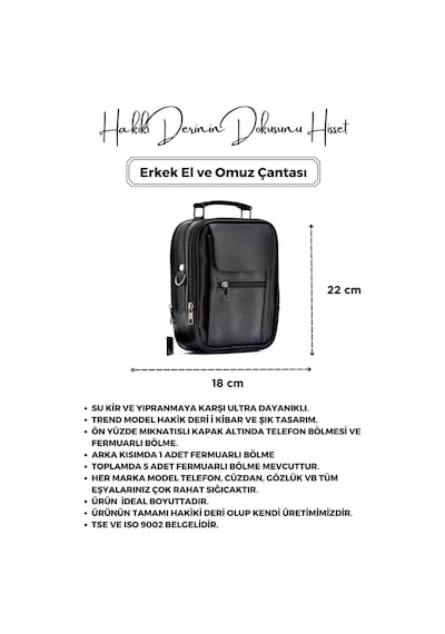 Cüzcan Siyah Telefon Bölmeli Hakiki Deri Erkek El Ve Omuz Çantası
