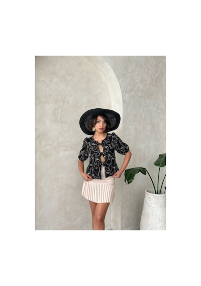 Verymoda Önden Bağlamalı Nakışlı Bluz D2788 Siyah