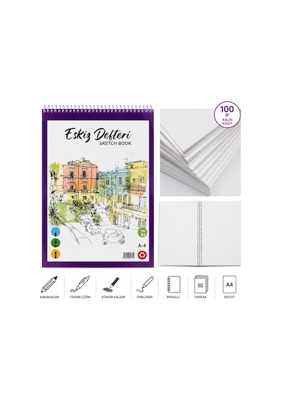 A4 Spiralli Eskiz Defteri, 100 Gr/m² Kalın Kağıt, 50 Yaprak, Çizgisiz, Karakalem Ve Teknik Çizim İçin, 21x29.7 Santimetre
