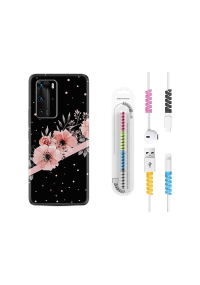 Huawei P40 Pro Kılıf Kablo Koruyuculu Flowers Dots 1423