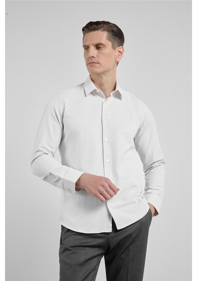 İmza Koyu Bej Kendinden Desenli Sert Yaka Uzun Kol Cepsiz Slim Fit Pamuklu Gömlek 1004255283