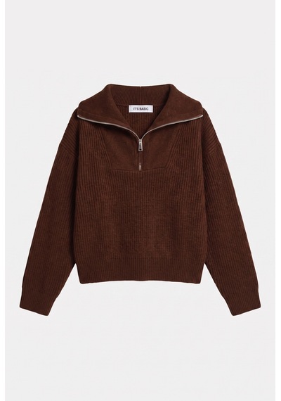 Kadın Kahve W6-81 Oversize Fermuarlı Triko Kazak