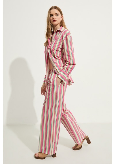 Grımelange Bexley Kadın Regular Fit %100 Organik Pamuklu Pembe Çizgili Pantolon
