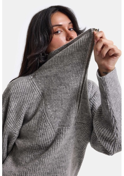 Kadın Gri W6-12 Oversize Fermuarlı Triko Kazak