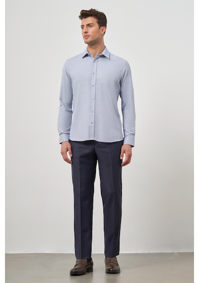 İmza Koyu Mavi Uzun Kol Kendinden Desenli Armürlü Sert Yaka Cepsiz Pamuklu Classic Slim Fit Gömlek 1004245161 Koyu Mavi