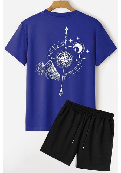 Uyguntarz Rahat Tasarım Pusula Şort T-shirt Eşofman Takımı Mavi