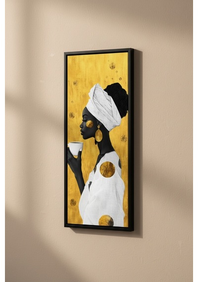 Afrikalı Kadın Kahve Temalı Dekoratif Duvar Tablosu 25x60 Cm Siyah Çerçeveli Modern Dikey Tablo