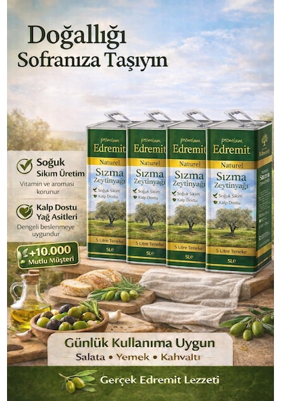 Premium Edremit Naturel Sızma Zeytinyağı Soğuk Sıkım 4x5 Litre Teneke