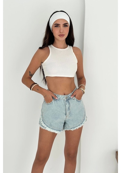 Püskül Taş Detaylı Denim Şort Mavi