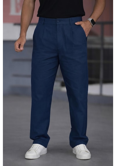 Bürke Çift Pileli Lacivert Beli Yarım Lastikli Kaliteli Keten Görünümlü Baggy Pantolon Bürke Çift Pileli Lacivert Beli Yarım Lastikli Kaliteli Keten Görünümlü Baggy Pantolon