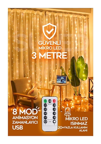 3x2 Metre Kumandalı Rgb Perde Led - Çok Renkli Peri Led Işık Dekarosyon Süsleme Sarı