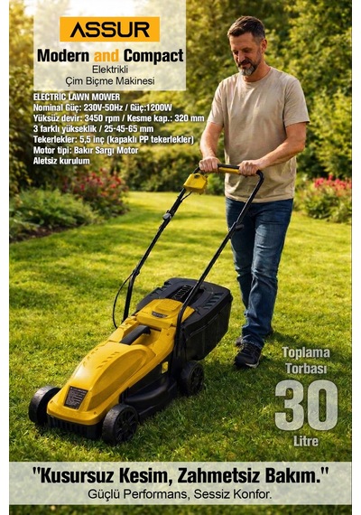 Assur 3106 1200W 30 L Toplama Torbalı Elektrikli Çim Biçme Makinesi