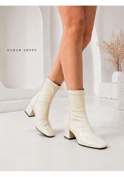 Dabab Shoes Janıce Kadın Bej Küt Kare Burun Kırışık Desenli Rugan Streç Arkadan Fermuarlı 6 Cm Kalın Topuklu Bot Bootie