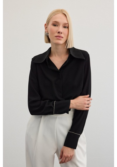 Sateen Aksesuarlı Klasik Gömlek - Siyah-136482 Siyah