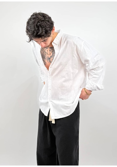 Zaee Oversize Dökümlü Keten Gömlek Beyaz