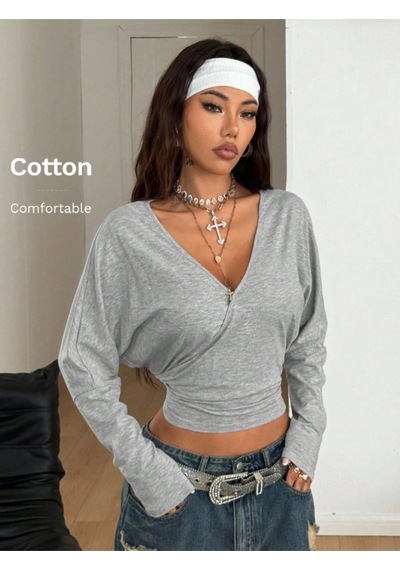 Kadın Gri Kruvaze Yaka Uzun Kollu Crop Bluz Gri