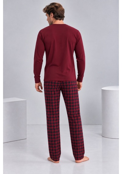 Pijamask Erkek Bordo Ekose Pantolonlu Cepli Uzun Kollu Pamuklu Pijama Takımı Bordo