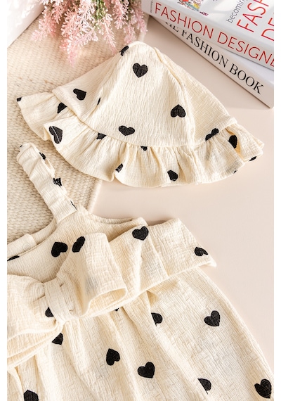Babymod Şapkalı Kalp Desenli %100 Pamuk Yazlık Kız Bebek Tulum Set Takım Siyah