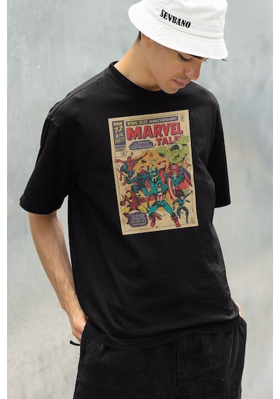 Marvel Tale Kahramanlar Baskılı Dergi Kapağı Baskılı Unisex Overs Siyah