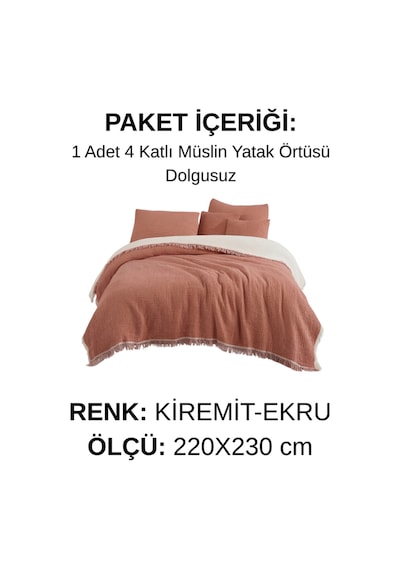 Natura Soft Ekru 4 Kat Müslin Çift Kişilik Yatak Örtüsü 220x230 Cm %100 Pamuk Çok Amaçlı Koltuk Örtüsü Ve Tv Battaniyesi Kırmızı