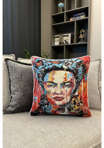 Kırlent Kılıfı Goblen Dokuma Kumaş - 45x45cm Çift Taraflı Biyeli Dekoratif Kırlent Kılıfı - Vs-082 Çok Renkli