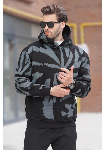 Madmext Siyah Kapüşonlu Cep Detaylı Baskılı Erkek Sweatshirt 7087 Siyah