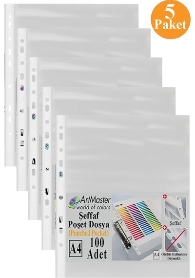 Poşet Dosya 100 Lü A-4 Şeffaf Föy Dosya 5 Paket Artmaster Ofis Okul Kenarı Delikli Poşet Dosya 80 Sayfa Kapasiteli