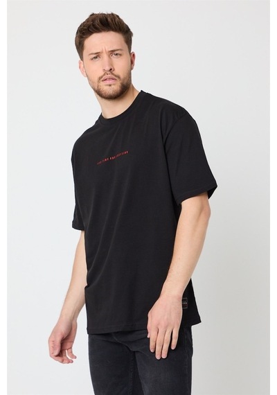 Comeor Erkek Siyah Baskılı Basic Oversize Bisiklet Yaka T Shirt Siyah