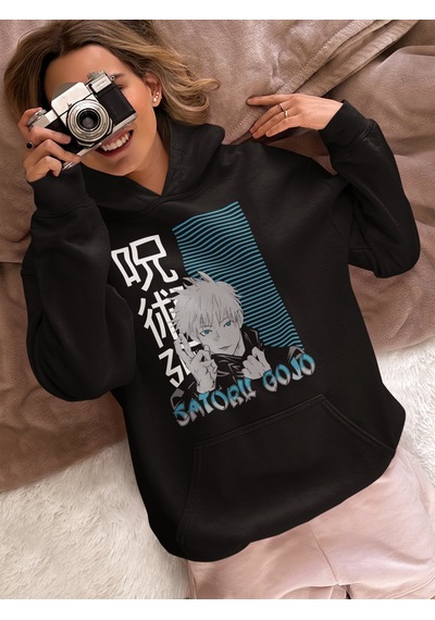 Sevbano Satoru Gojo Baskılı Unisex Oversize Jujutsu Kaisen Anime Dizi Kar Siyah