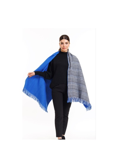 Çift Taraflı Ekoseli Yünlü Omuz Şalı - 70x190cm - Kışlık Şal 001